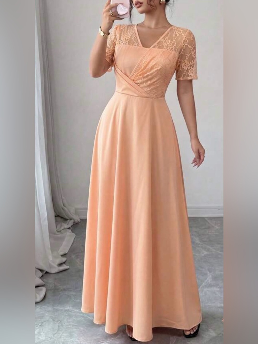 Peach Lace Bodice Maxi Dress with Short Sleeves